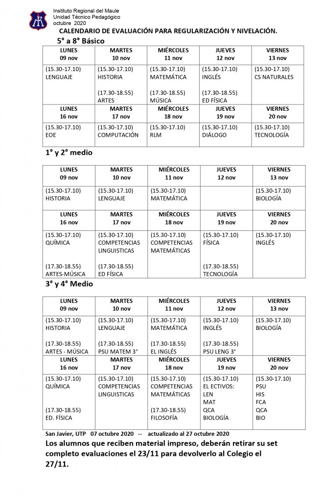 F.- Calendario Nivelación.- UTP 27 OCTUBRE