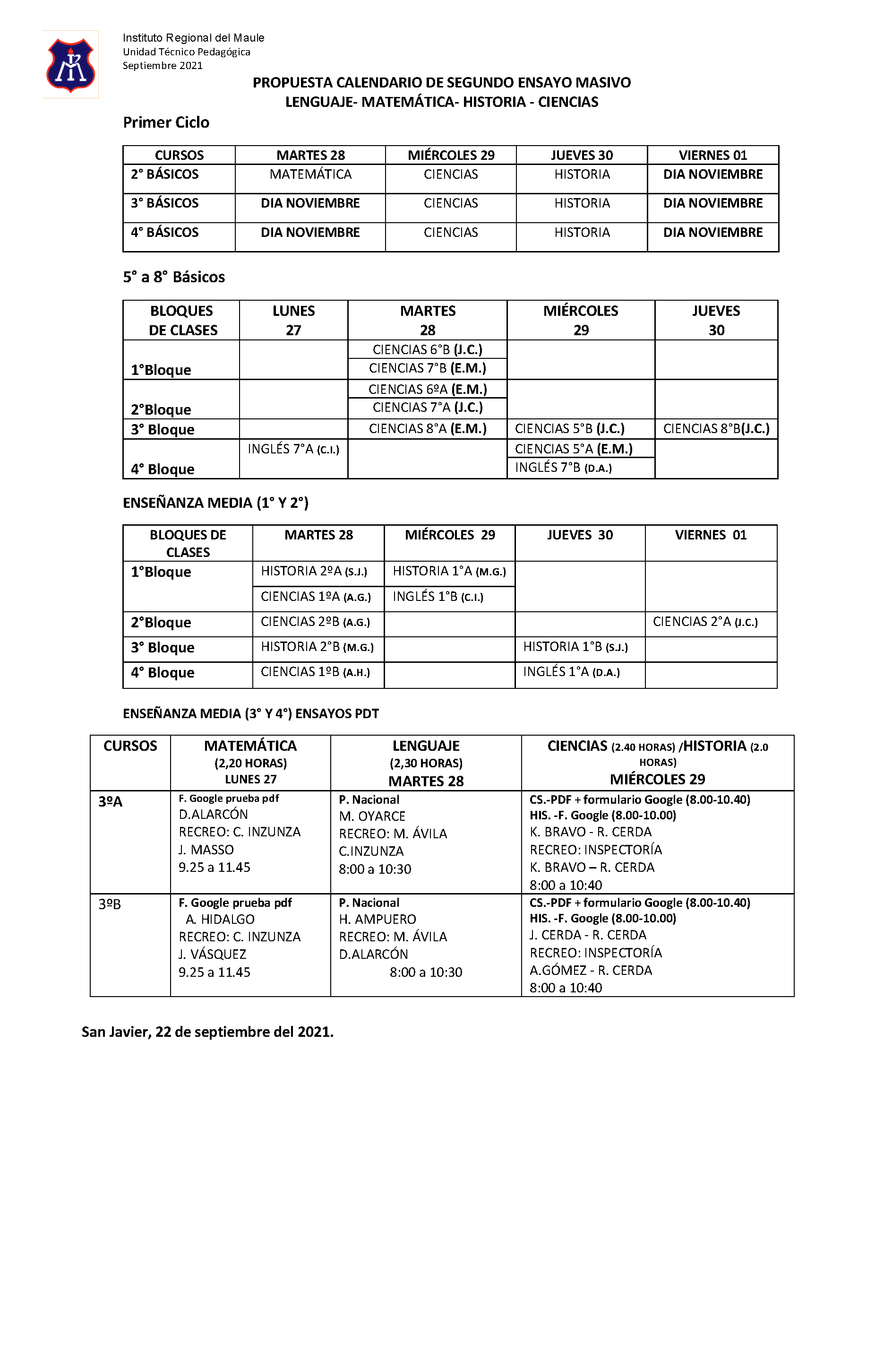 83 corregido CALENDARIO DE ENSAYOS 3° TRIMESTRE CORREGIDO